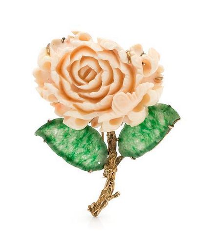 A 14 Karat Yellow Gold Coral and Jade Flower Brooch, 27.30 dwts.