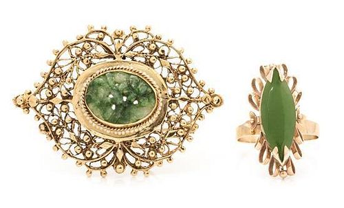 A Collection of 14 Karat Yellow Gold, Jadeite and Seed Pearl Jewelry, 8.80 dwts.