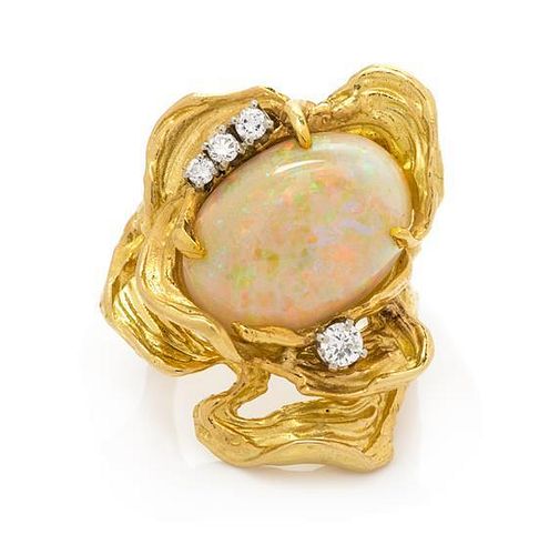 A Yellow Gold, Opal and Diamond Ring, 11.70 dwts.