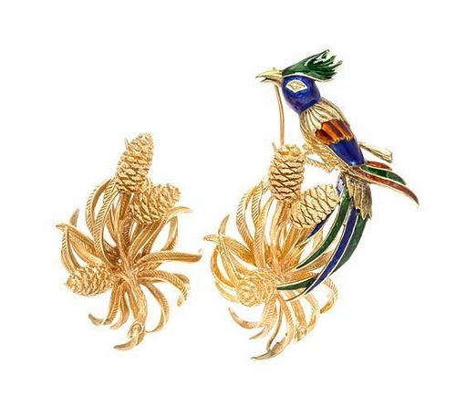 * A Collection of 14 Karat Yellow Gold and Polychrome Enamel Brooches, 35.20 dwts.