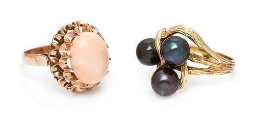 A Collection of Gold, Coral and Cultured Pearl Rings, 3.70 dwts.