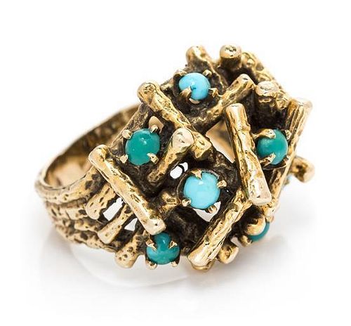 A Modernist Yellow Gold and Turquoise Ring, 7.10 dwts.