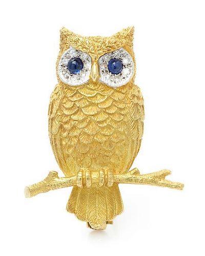 A Yellow Gold, Sapphire and Diamond Owl Brooch, 7.20 dwts.