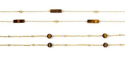 A Collection of 14 Karat Gold and Tiger's Eye Bead Necklaces, 21.50 dwts.