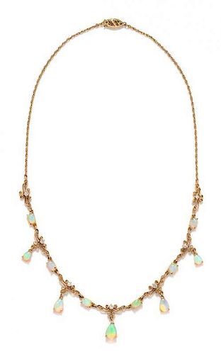 A 14 Karat Yellow Gold, Opal and Diamond Fringe Necklace, 6.70 dwts.