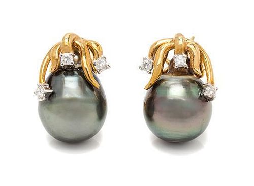 A Pair of 18 Karat Yellow Gold, Cultured Tahitian Pearl and Diamond Earclips, 8.20 dwts.