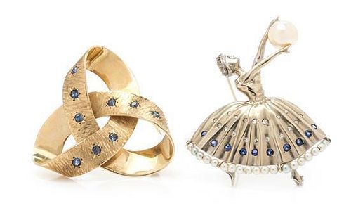 * A Collection of Gold, Sapphire, Cultured Pearl and Diamond Brooches, 17.10 dwts.