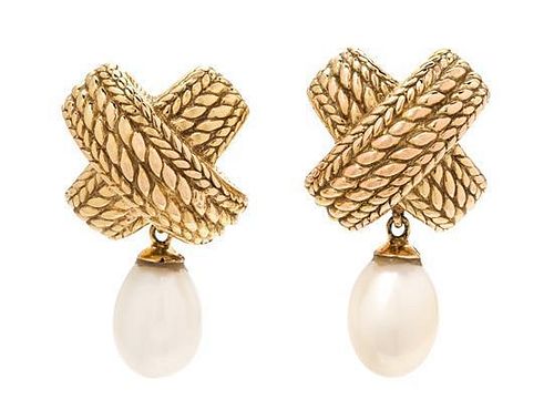 A Pair of 14 Karat Yellow Gold and Cultured Pearl Earclips, 5.00 dwts.