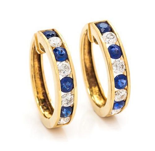 A Pair of 14 Karat Yellow Gold, Sapphire, and Diamond Hoop Earrings, 3.20 dwts