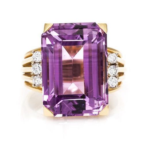 A Yellow Gold, Amethyst and Diamond Ring, 7.00 dwts.