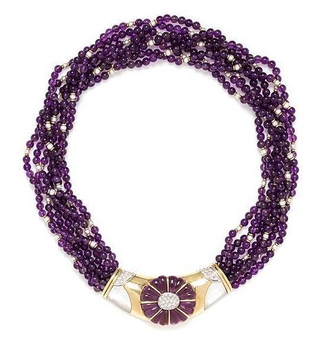 A Yellow Gold, Amethyst, Cultured Pearl, Mother-of-Pearl and Diamond Multi Strand Necklace, 65.10 dwts.