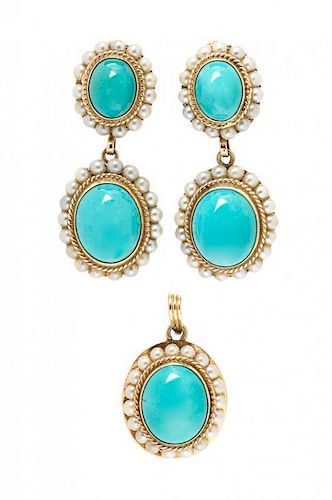 A 14 Karat Yellow Gold, Turquoise and Cultured Pearl Demi Parure, 7.70 dwts.