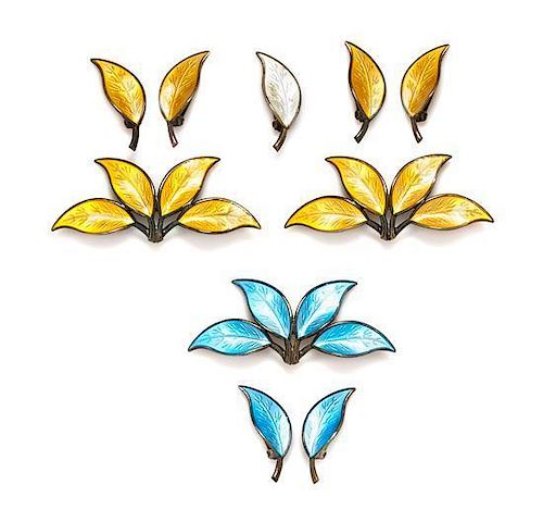 A Collection of Mid-Century Gilt Silver and Polychrome Enamel Leaf Motif Jewelry, Willy Winnaess for David Andersen, 26.90 dwts.