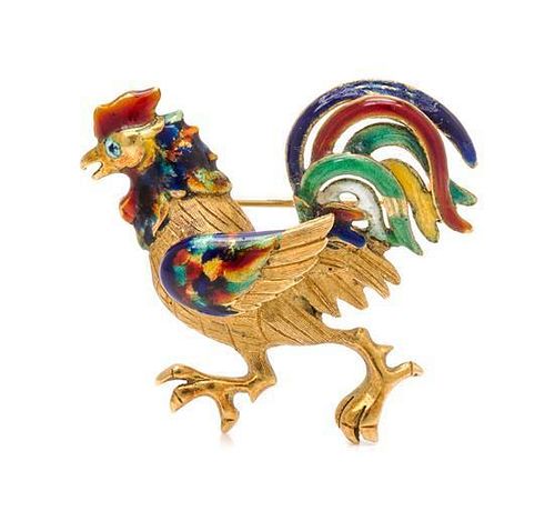 An 18 Karat Yellow Gold and Polychrome Enamel Rooster Brooch, 6.10 dwts.