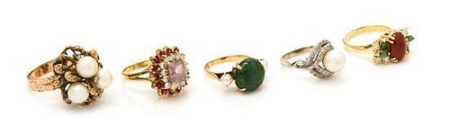 * A Collection of 18 Karat Yellow Gold and Multigem, Cultured Pearl, Jade and Diamond Rings, 22.60 dwts.