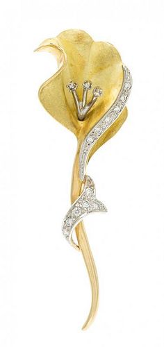 An 18 Karat Yellow Gold, Platinum and Diamond Flower Brooch, 7.60 dwts.
