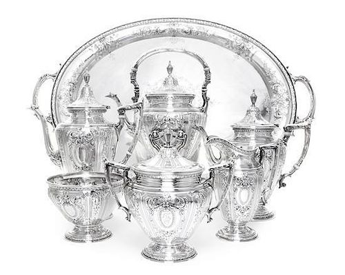 An American Silver Six-Piece Tea and Coffee Set with Matching Tray, Gorham Mfg. Co., Providence, RI, 1926-1929, Maintenon patter