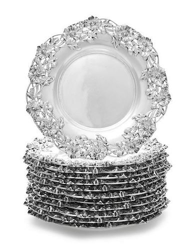A Set of Twelve American Silver Bread Plates, Redlich & Company, New York, NY, Early 20th Century, shaped circular, the openwork