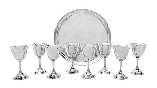 * An American Silver Cocktail Set, The Randahl Shop, Chicago, IL, Circa 1940, comprising eight goblets on circular bases with tu