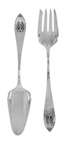 * Two American Silver Flatware Servers, The Kalo Shop, Chicago, IL, Circa 1930, comprising a pastry server and a cold meat fork,