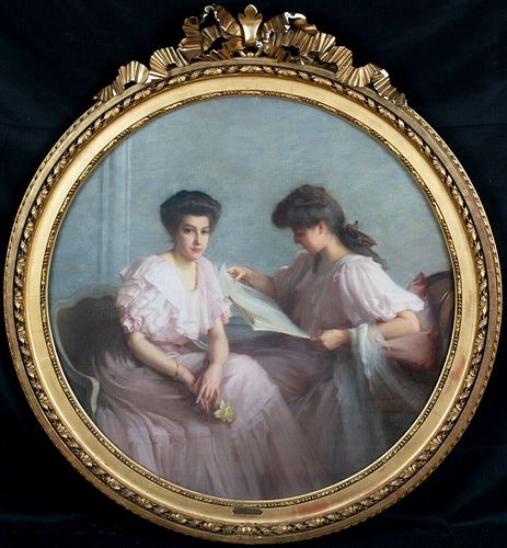 PORTRAIT OF TWO WOMEN IN A PARIS INTERIOR OIL PAINTING