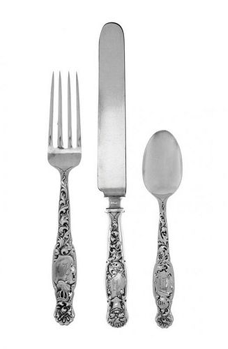 An American Silver Flatware Service, Whiting Mfg. Co., New York, NY, Circa 1880, Heraldic pattern, most engraved with gothic ini