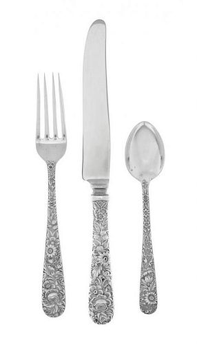 An American Silver Flatware Service, S. Kirk & Sons, Baltimore, MD, Circa 1930, Repousse pattern, comprising 8 dinner knives 8 d