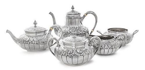 An American Silver Five-Piece Tea and Coffee Set, Gorham Mfg Co., Providence, RI, 1887/1895, comprising a teapot, coffee pot, cr