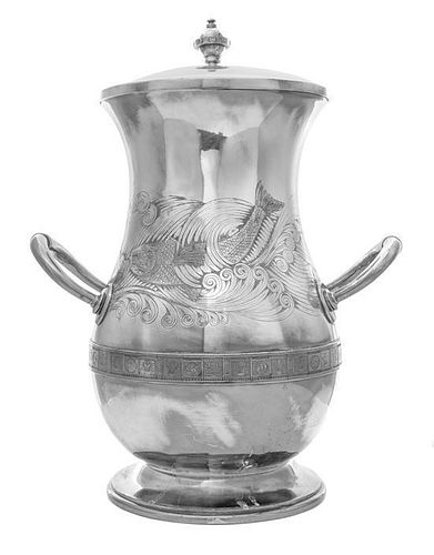 An American Silver-Plate Two-Handle Urn and Cover, Rogers, Smith & Co., Meriden, CT, Circa 1880, of pear form with applied band