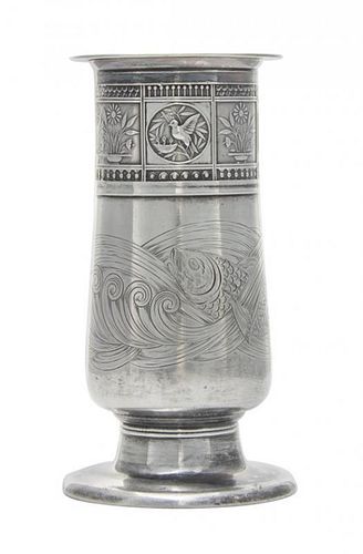 An American Silver-Plate Vase, Rogers, Smith & Co., Meriden, CT, Circa 1880, tapered cylindrical, the upper body applied with ba