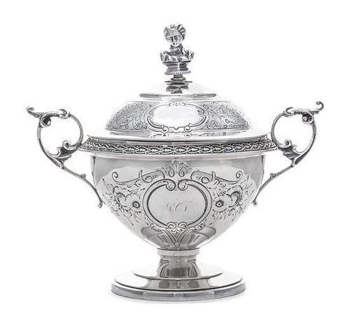 An American Silver Sugar Bowl and Cover, Wood and Hughes, New York, NY, Mid 19th Century, the circular bowl chased on both sides
