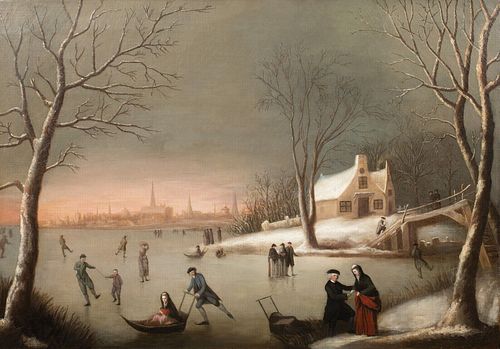 FROZEN WINTER LANDSCAPE ICE SKATING OIL PAINTING
