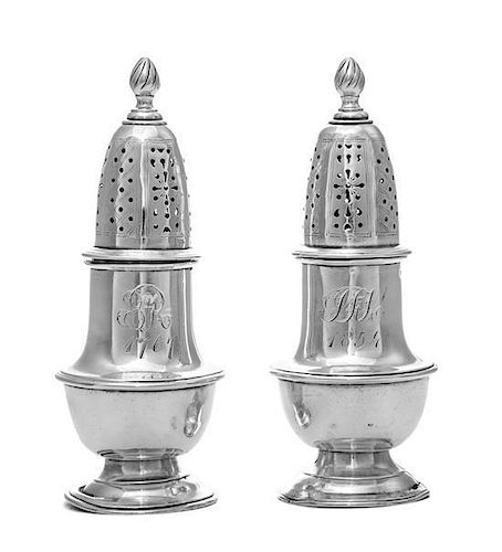 A Pair of American Silver Casters, Samuel Minott, Boston, MA, Circa 1765, of baluster form, engraved with script monograms BAR/1