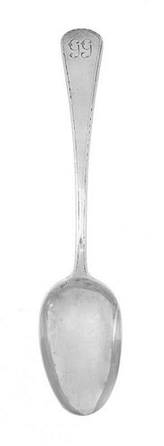 An American Silver Tablespoon, Paul Revere, Jr., Boston, MA, Circa 1775, the rounded down-turned handle bright-cut and engraved