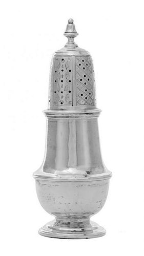 An American Silver Caster, Samuel Edwards, Boston, MA, Circa 1760, of baluster form on molded spreading foot, the detachable cov