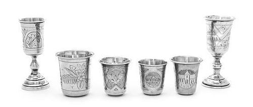 A Group of Four Russian Silver Beakers and Two Cordials, Various Makers, Moscow(5), St. Petersburg(1), Late 19th Century, two be