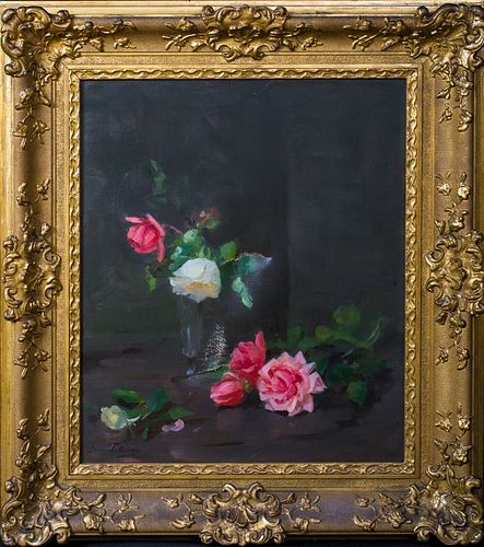STILL LIFE OF PINK & WHITE ROSES OIL PAINTING