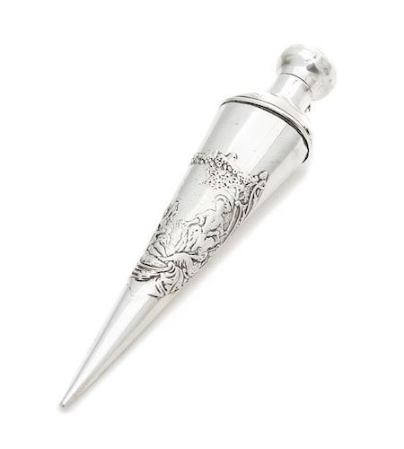 * A Victorian Silver Scent Flask, William Comyns & Sons, London, 1900, of conical form with hinged top, chased with figures in a