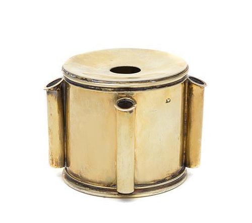 A Victorian Silver-Gilt Inkwell, Samuel Whitford, London, 1844, cylindrical, the sides applied with four narrow cylinders for qu