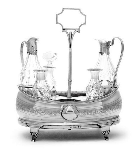 * A George III Silver Cruet Set, Charles Chestermann II, London, 1799,, of oval boat form raised on four bracket feet and with 5