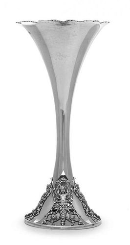 An American Silver Vase, George W. Shiebler & Co., New York, NY, Circa 1900, of trumpet form with flower and scroll rim, the bas