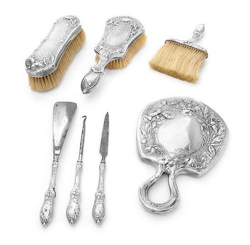 An American Silver Seven-Piece Dresser Set, Gorham Mfg. Co., Providence, RI, Early 20th Century, comprising a hand mirror, two h