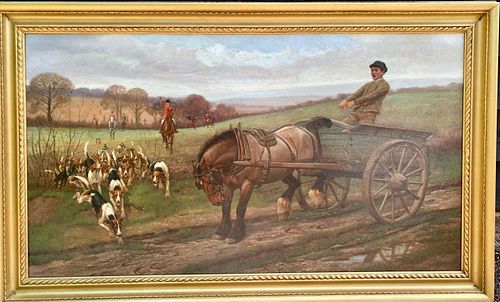 HORSE AND CART IN LANDSCAPE OIL PAINTING