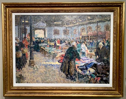 FIGURES INSIDE A CLOTHING MARKET OIL PAINTING