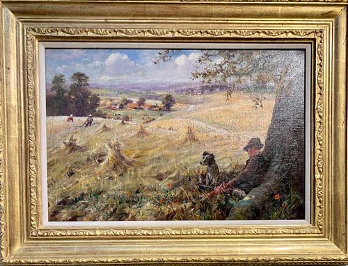 HARVEST LANDSCAPE WITH MAN AND HIS DOG OIL PAINTING