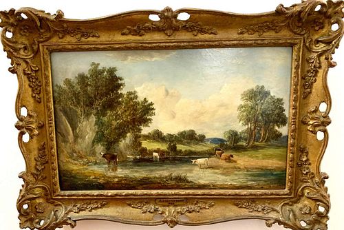 LANDSCAPE WITH COWS RESTING BY A RIVER OIL PAINTING