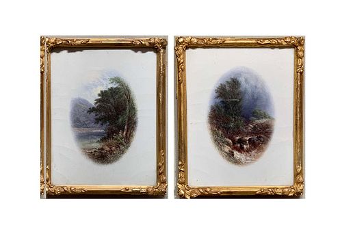 PAIR OF VICTORIAN RIVER LANDSCAPES WITH WATERFALLS OIL PAINTING