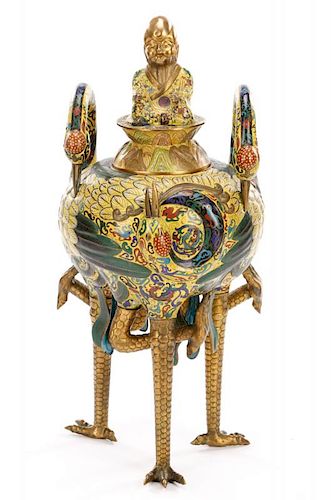 Impressive Qing Triple Crane Cloisonne Censer