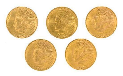 A Group of Five United States Indian Head $10 Gold Coins