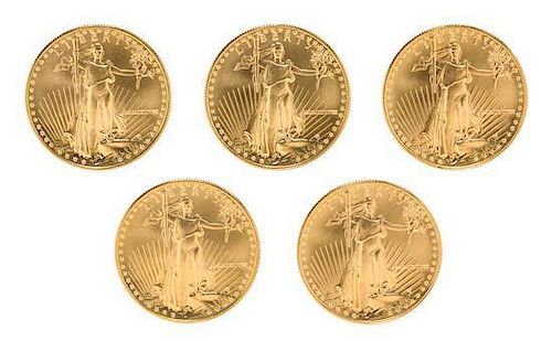 A Group of Five United States 1988 Gold Eagles $50 Gold Coins